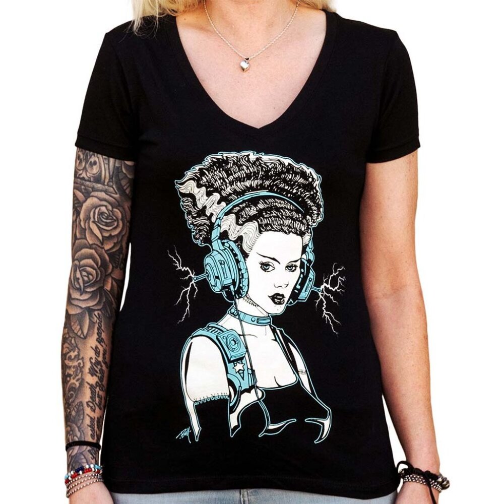 Teenage Bride Women's Black V-neck Tee Frankenbride S-M-L-XL-XXL NWT